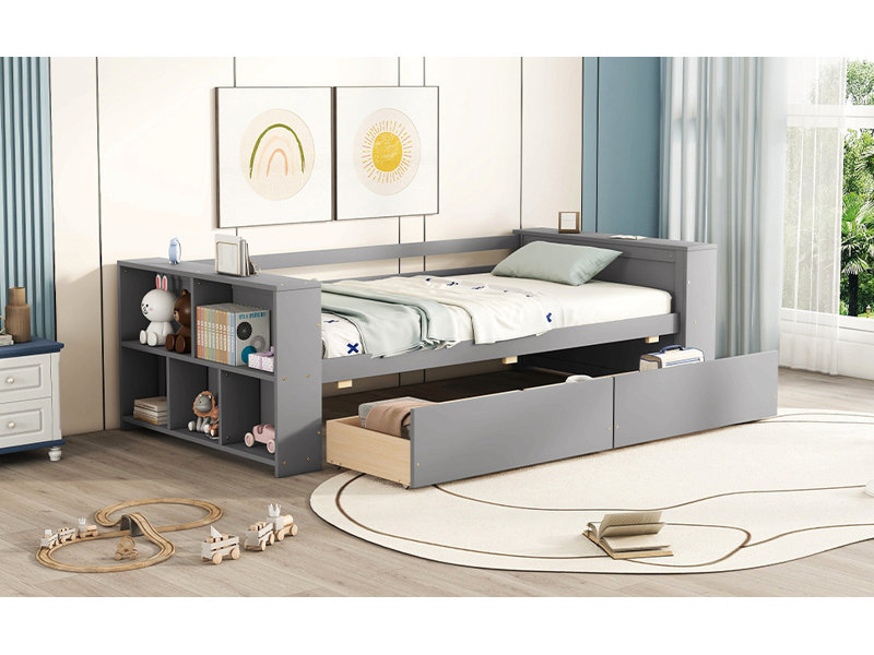 Lit de jour simple avec tablettes et tiroirs, Gris