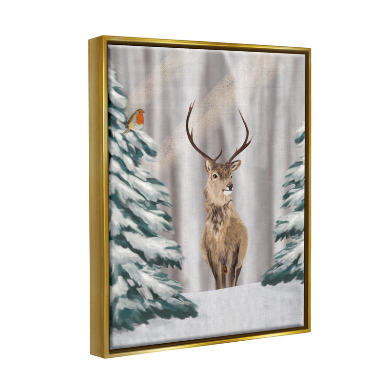 «Seasonal Deer Winter Landscape» par Lemon & Sugar, impression, H 31 po x l 25 po x P 1,7 po, Cadre flottant métallique doré