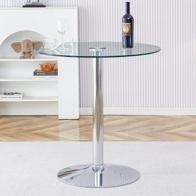 A Glass Tabletop With A Diameter Of 35 Inches And A Modern Minimalist Circular Dining Table With Electroplated Silver Metal Legs. Suitable For Restaurants (Only Tables, No Chairs)