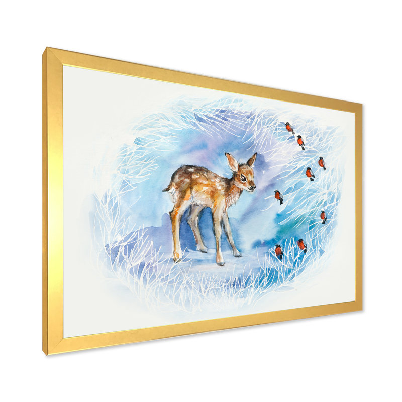 «Fawn and bullfinches in Winter Composition», reproduction sur toile, H 12 po x l 20 po x P 1 po, Cadre photo doré