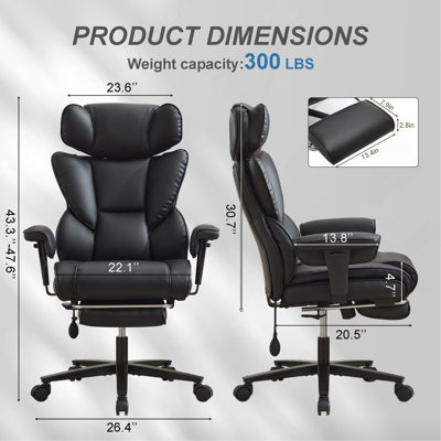 Fauteuil de bureau ergonomique avec repose-pieds et soutien lombaire, appui-tête à hauteur réglable, conception inclinable en cuir à haut dossier, finition noire pour la maison et le bureau