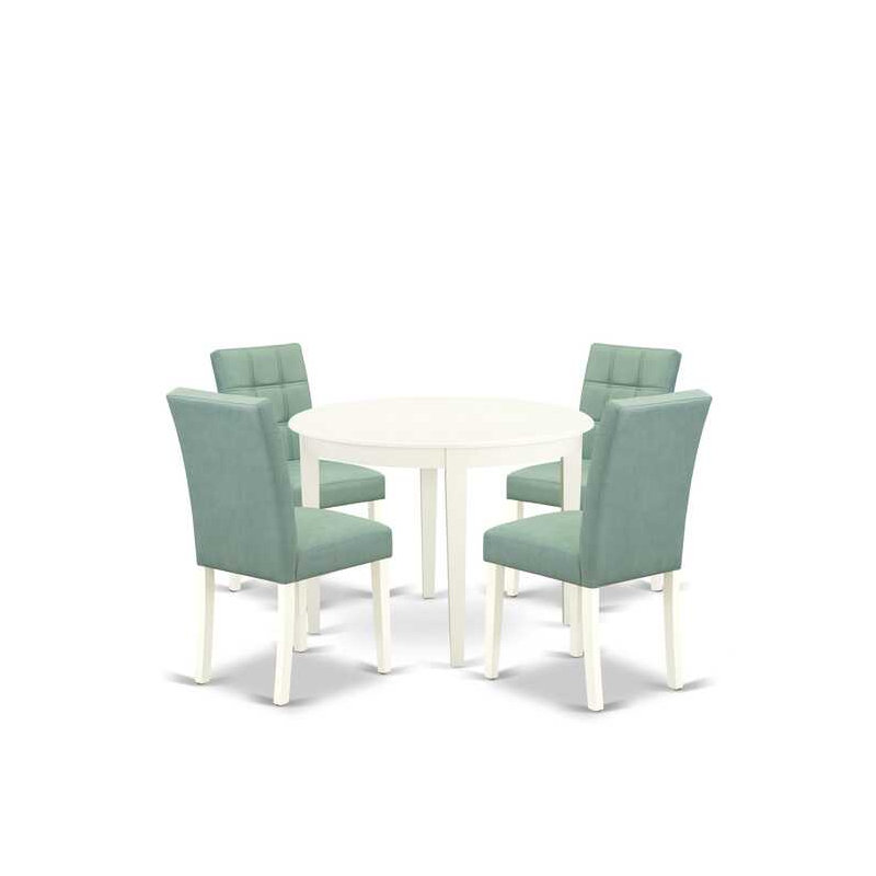 5-Piece Linen White Solid Wood Top - Round Dining Room Set - Seats-4, Green