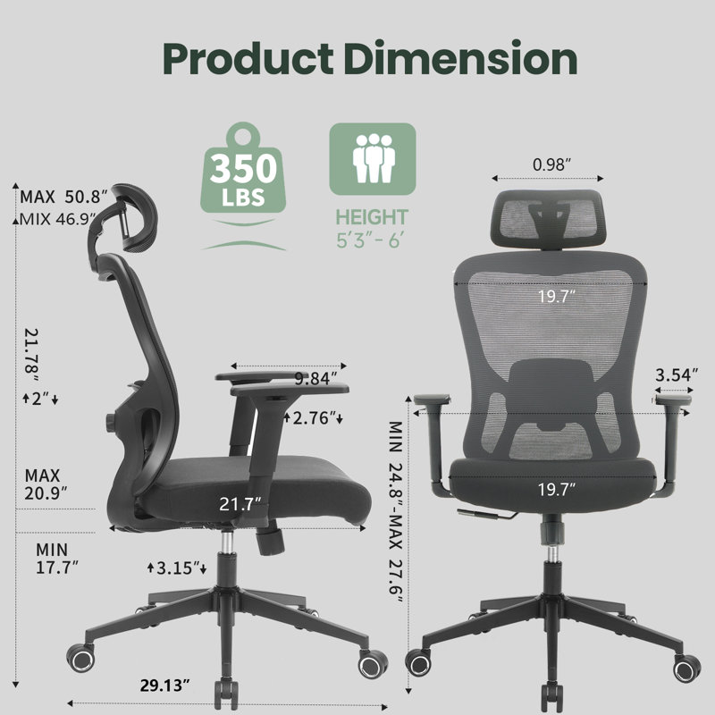 Chaise de bureau ergonomique, chaise de bureau à dossier haut en filet avec support lombaire réglable, appui-tête 3D, accoudoirs 4D, fonction d'inclinaison, chaises de travail pivotantes à roulettes, chaise d'ordinateur pour de longues heures de trava