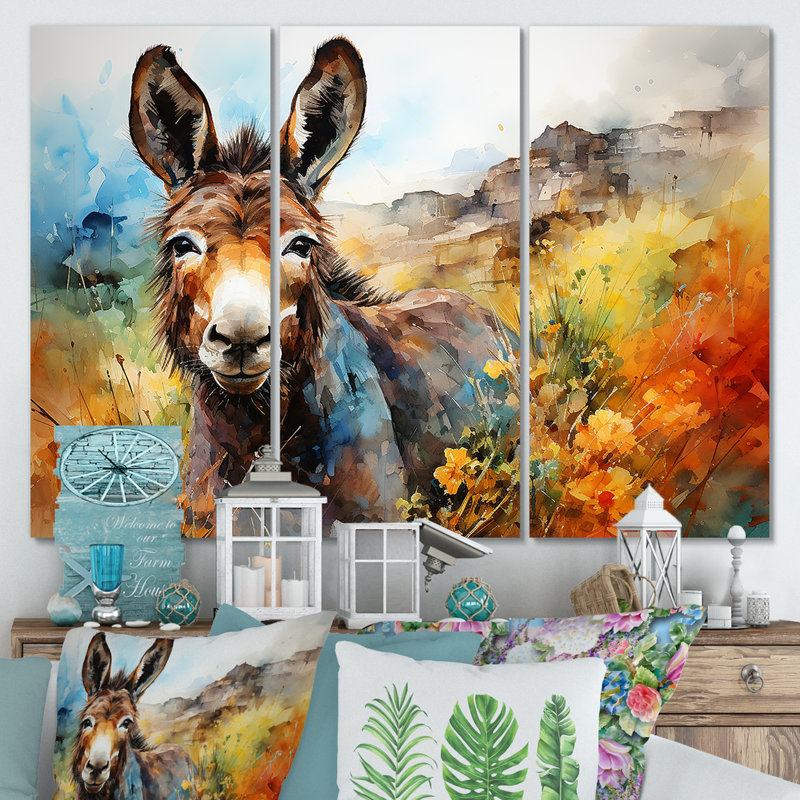 Patchwork Donkey Pastures I - Donkey, art mural, H 32 po x l 48 po