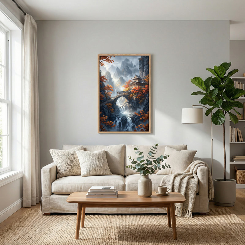 Ensemble de 1 tableau sur toile représentant un temple de montagne, 36"H x 24"W, Natural