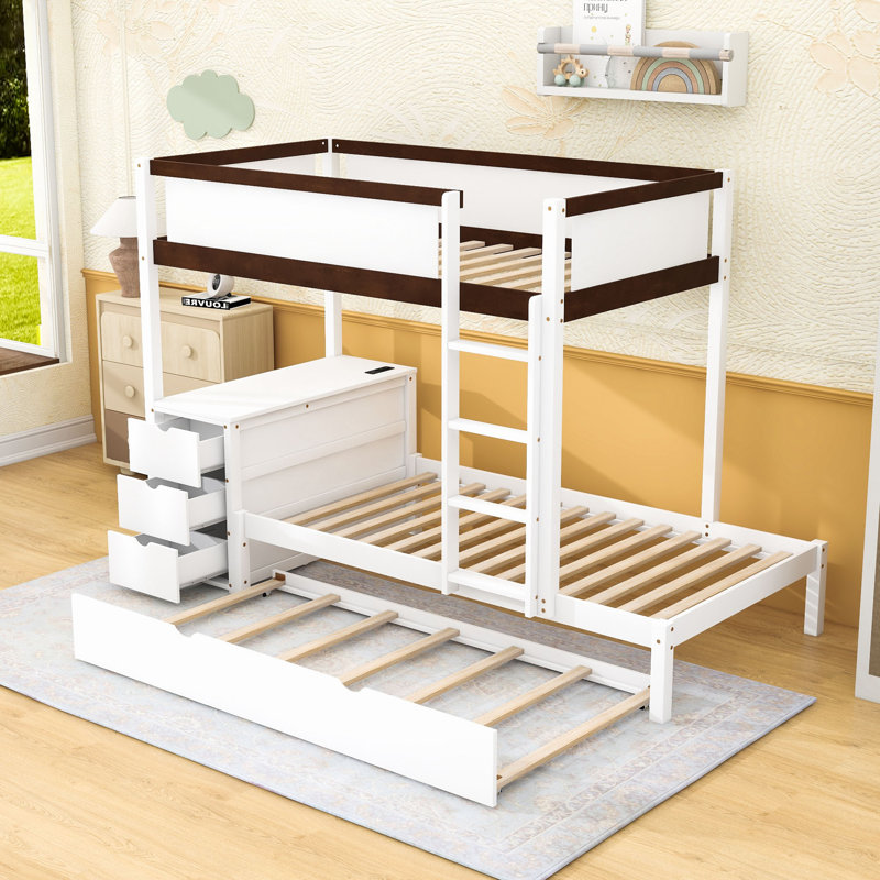 Bunk Bed With Twin Trundle, USB Outlets And Storage Drawers,Shelves, White/Walnut, Twin Over Twin