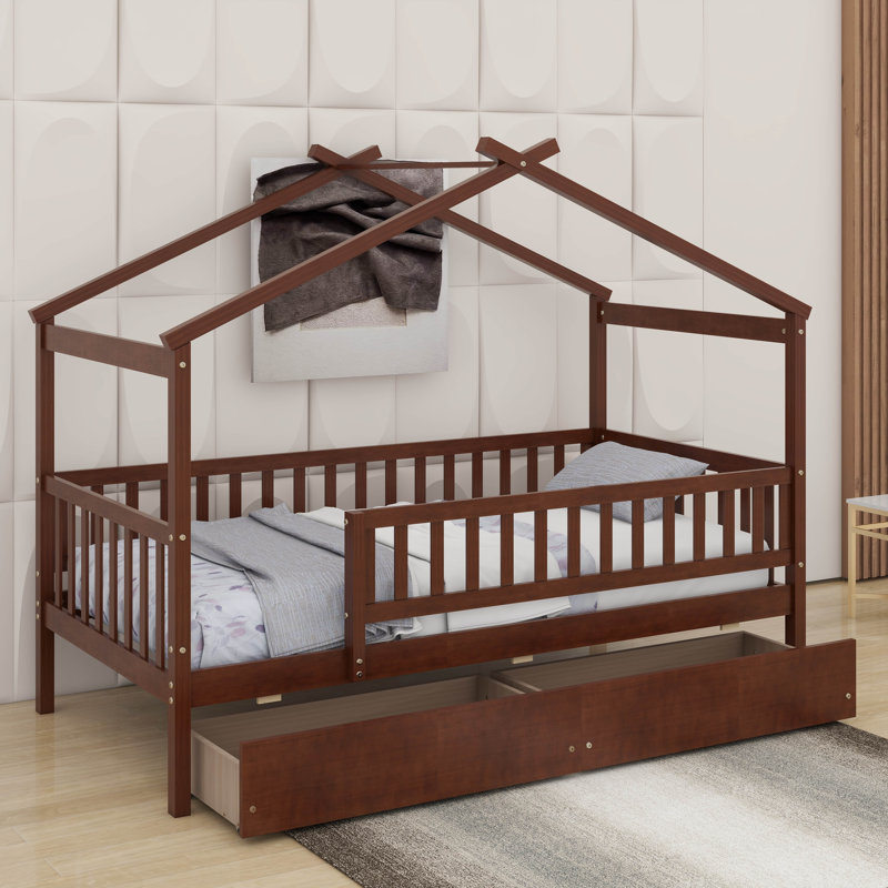 Lit simple en bois avec tiroirs, Noyer