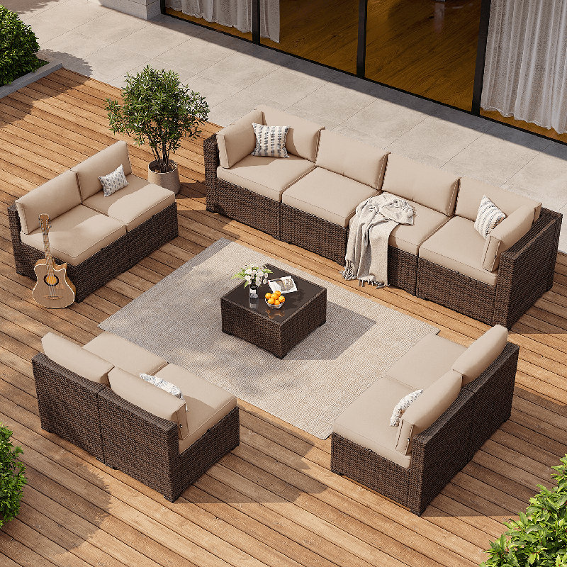 Ensemble de conversation modulaire en rotin avec coussins 11 pièces , Beige, Brun