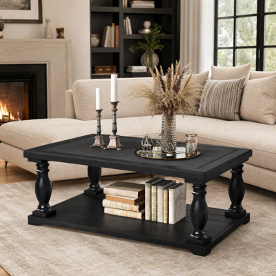 Farmhouse Rectangular Coffee Table With Turned Spindle Legs And Lower Shelf