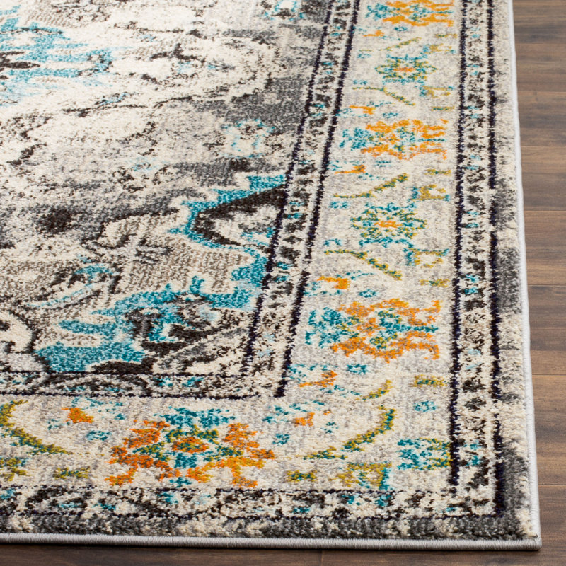 Almyra Oriental Area Rug, Round 5', Grey/Light Blue
