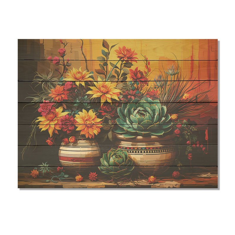 Boho Mexican Pottery Blooms - Boho Pottery On Wood Print, 10" H x 20" W x 0.78" D