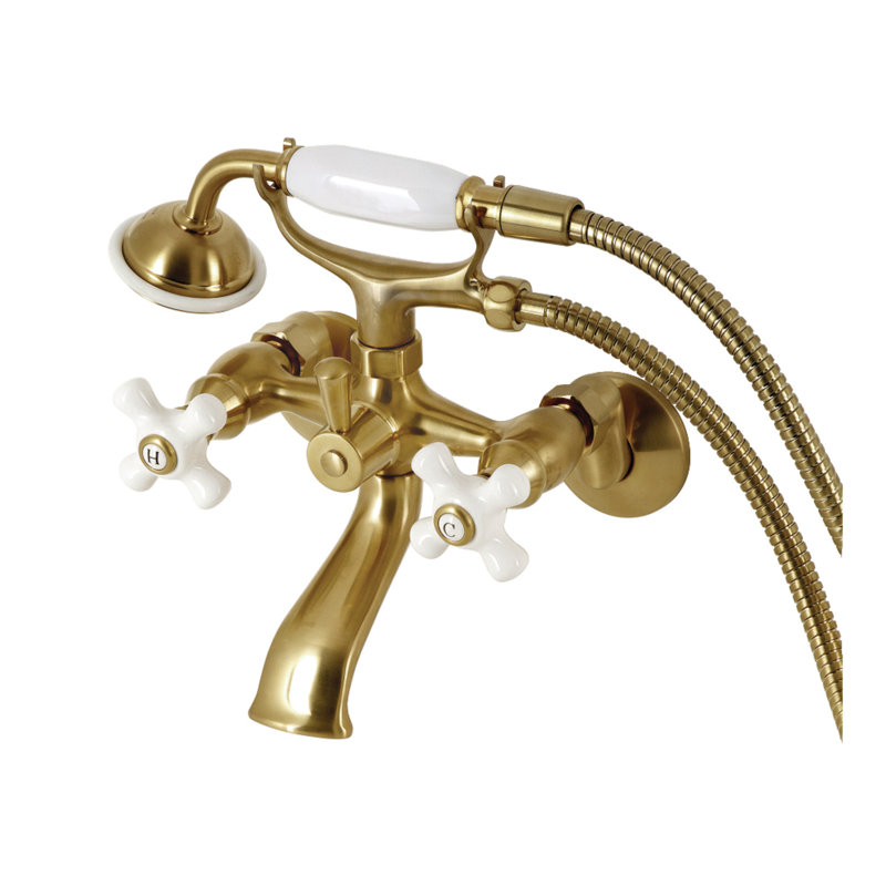 Kingston Brass Kingston Three-Handle 2-Hole Tub Wall Mount Clawfoot Tub Faucet with Hand Shower, Polished Brass