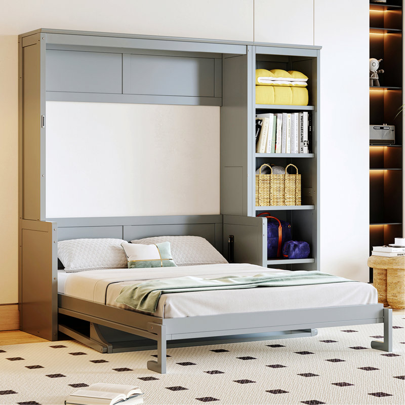 Structure de lit, lit escamotable avec bureau et bibliothèque, Gris, Double