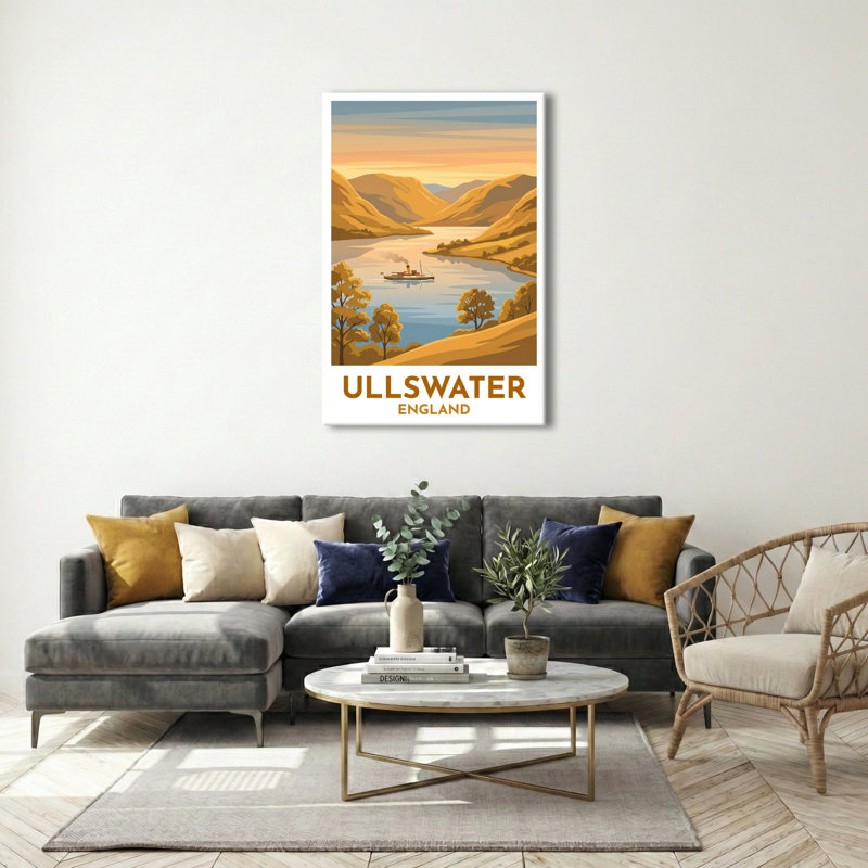 Ullswater, England - Lake District Travel Poster: Golden Fells, Steamers And Lakeside Romance. Giclee Print On Wrapped Canvas. Wall Art, Home Decor - Natural Landmarks, England - Wrapped Canvas Print
