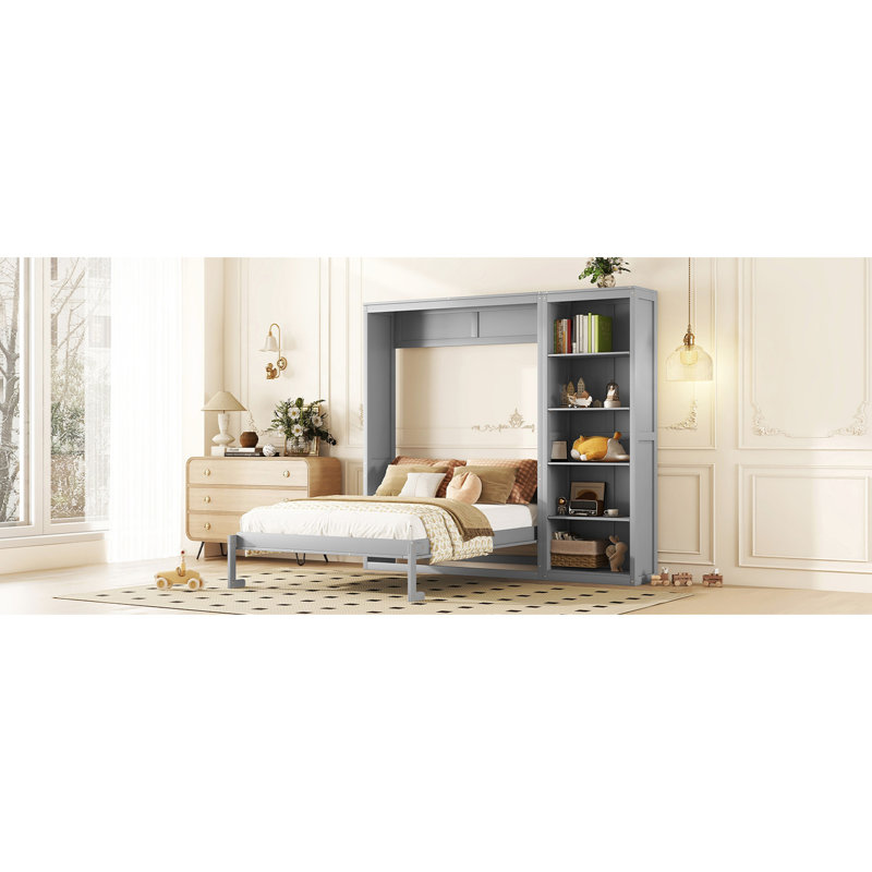 Grand lit mural gris avec tablettes, multi pour espaces multiples, absorbeurs de soutien pour matelas, gymnase à la maison de style élégant, conception d'espace, arrangement de sommeil confortable