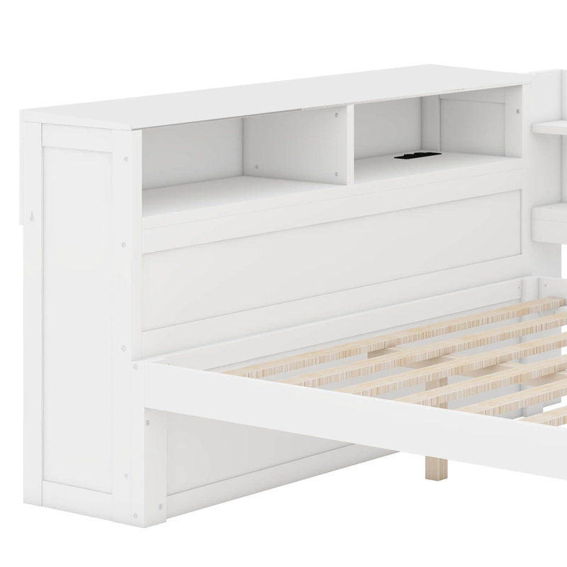 Lit de jour avec armoires de rangement, range-chaussures, structure en bois de pin massif avec ports USB, Blanc