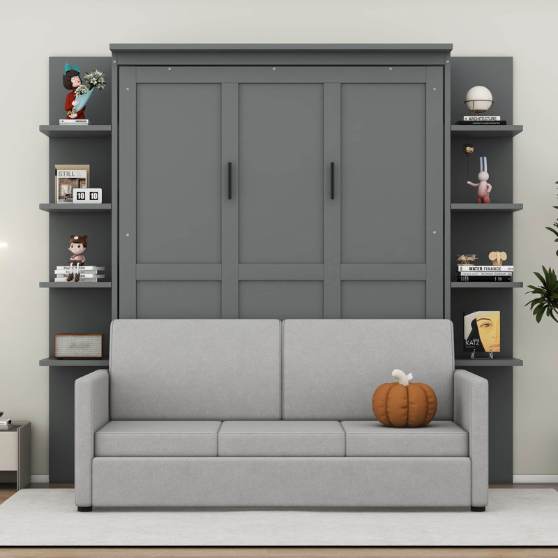Grand lit escamotable mural avec canapé et tablettes pour la chambre à coucher, gris