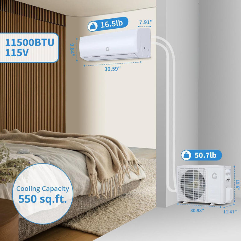 Système de chauffage / climatisation mini divisé 11500 BTU, mini unité divisée écoénergétique WIFI 115V, climatiseur mural divisé, refroidit jusqu'à 750 pieds carrés, pompe à chaleur et trousses d'installation