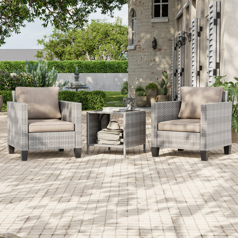3-Set Outdoor PE Wicker Chair Wide Seat High Back Sofa Chair With Coffee Table Design for Lawn, Patio and Porch, Beige, Gray