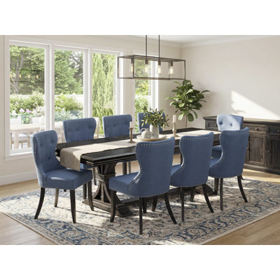 L'ensemble de table de salle à manger 9 pièces se compose d'une table de cuisine et de 8 chaises en tissu de lin bleu Mid Century Modern avec dossier capitonné - Finition sable