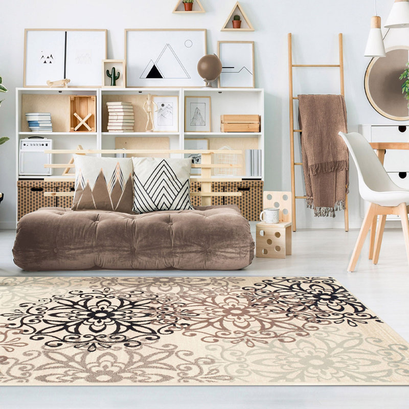 10' Beige Black and Gray Floral Medallion Power Loom Runner Rug, Rectangle 4' x 6'