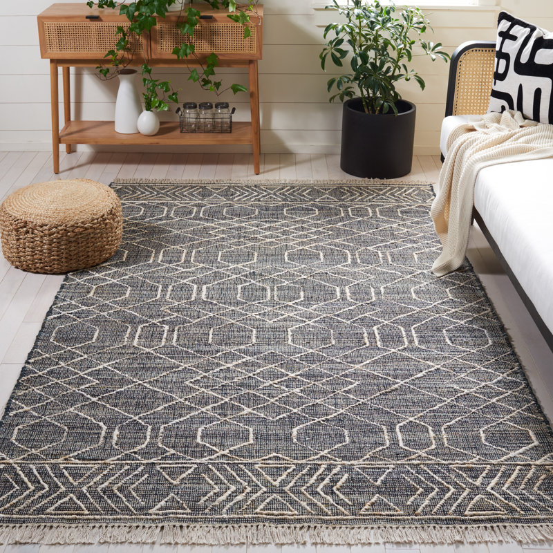 Natural Fiber Hand Loomed Jute/Cotton Southwestern Rug in Ivory/Black, Rectangle 5' x 8'