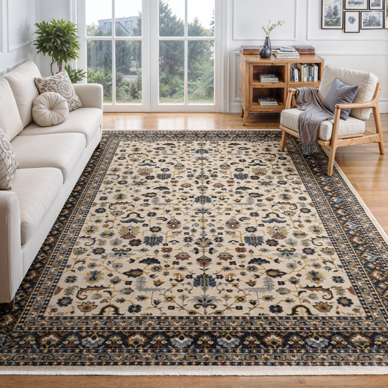 Caia Traditional Floral Border Beige/ Multi Area Rug, Rectangle 3'3" x 5'