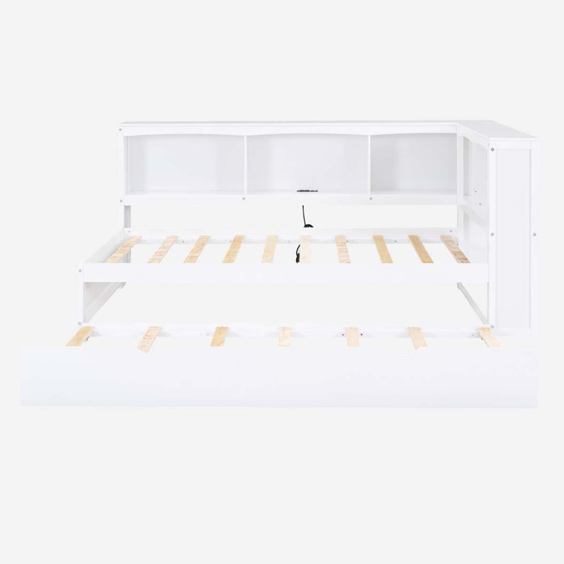 Twin Size Daybed with Trundle and Storage Cabinets | USB Ports Included, White, White