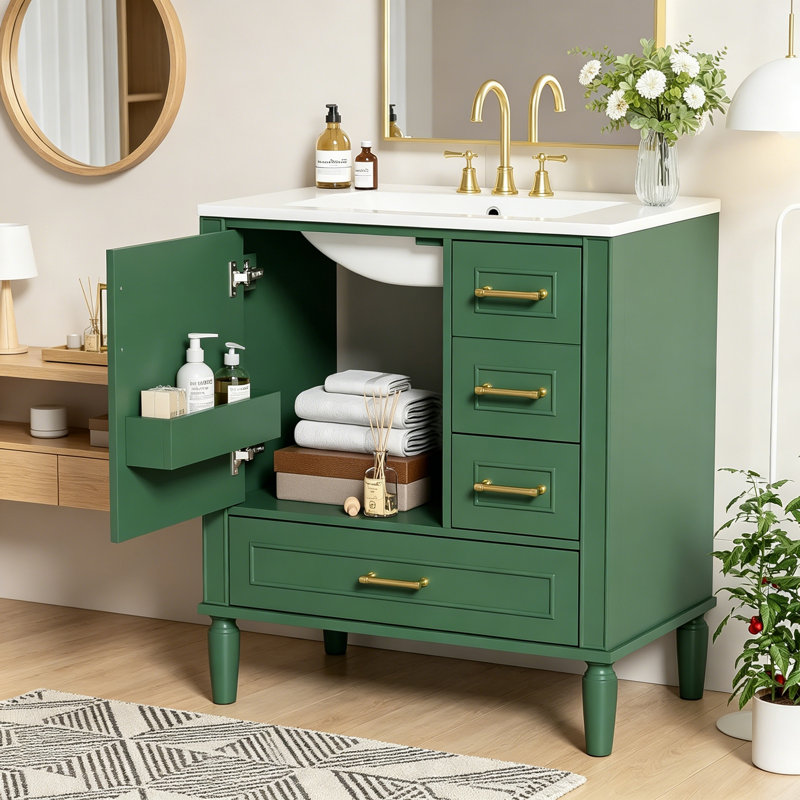 Ensemble de meuble-lavabo avec trois tiroirs, portes à fermeture douce et poignées en métal, Green