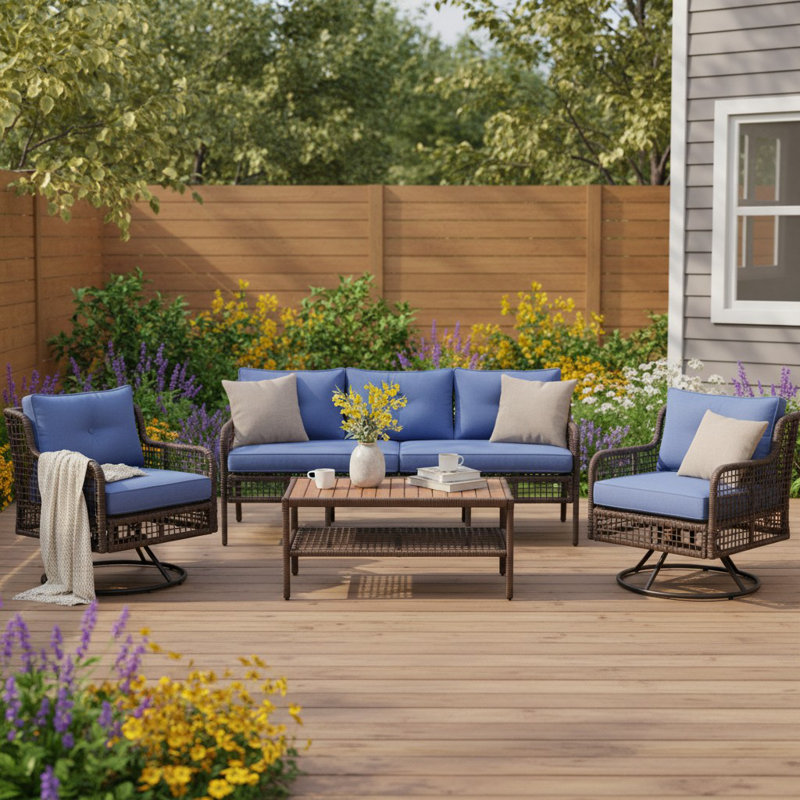 4 - Piece Outdoor Patio Sofa Seating Group With Cushions, Blue Cushions/ Black Frame