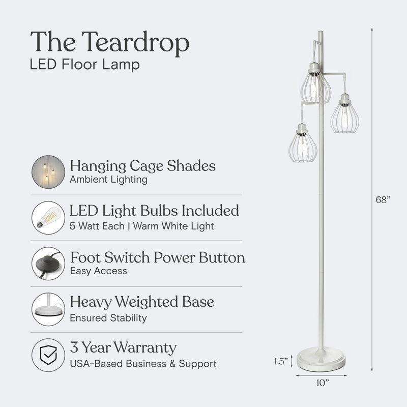 Teardrop 68 in. Industrial 3-Light LED Energy Efficient Floor Lamp with 3 Metal Shades, White