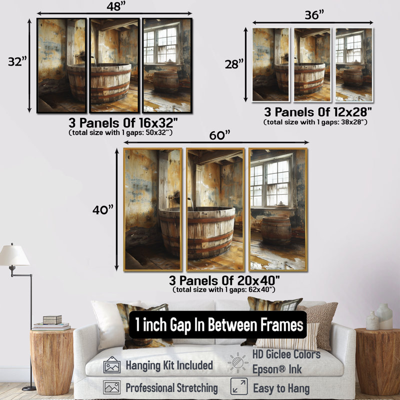 «Brown Rustic Bathroom Charm I», ensemble de reproductions d'art mural rustique, Toile argentée avec cadre flottant