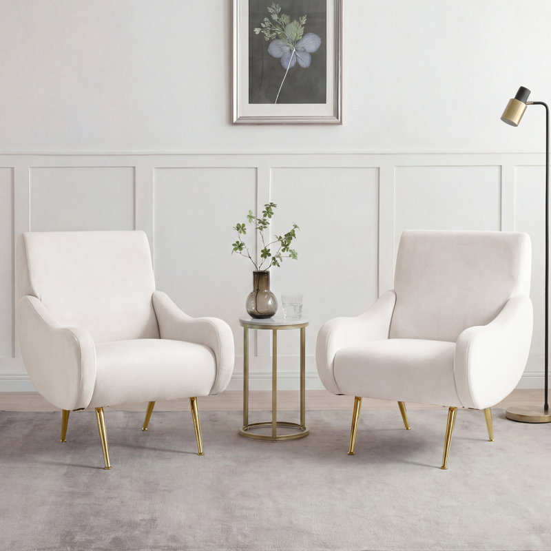 Ensemble de 2 fauteuils d'appoint rembourrés de style moderne Mid-Century de 28 po avec pieds en métal doré et argent et accoudoirs courbés pour salon, chambre à coucher et meuble-lavabo Aitana