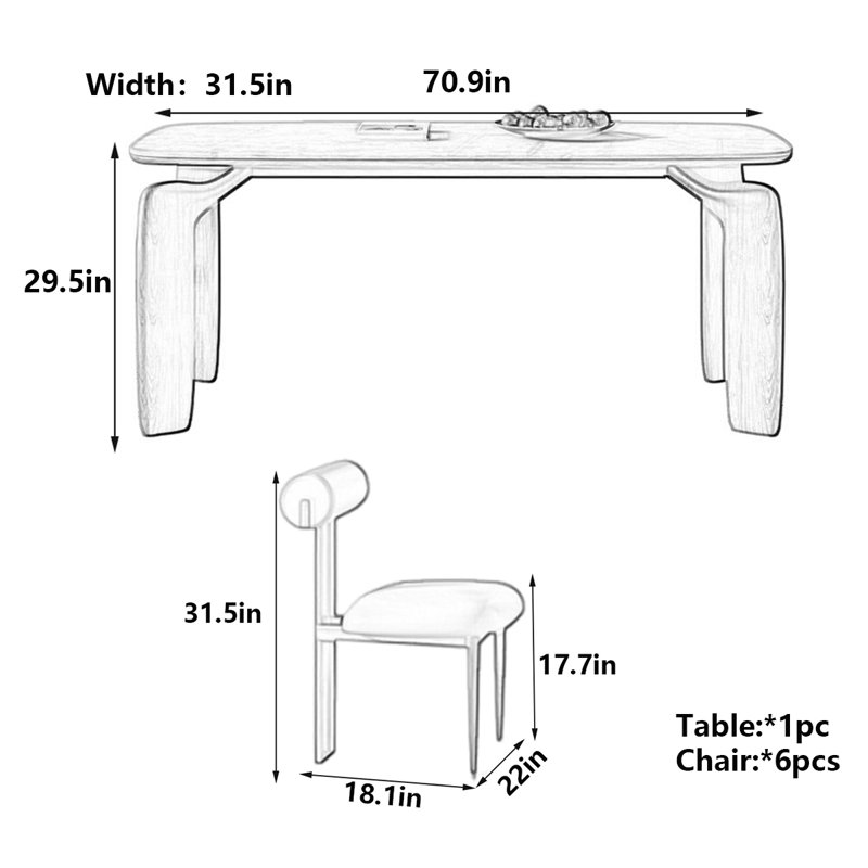 Modern Nordic Rectangular Dining Table, 29.5"H x 70.9"L x 31.5"W