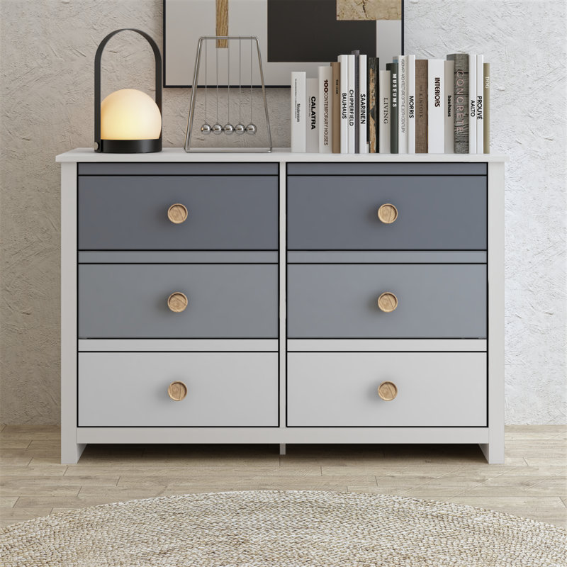 Bustillo 46.1'' W kids 6 -Drawer Dresser, White/Night Owl/Cool Gray