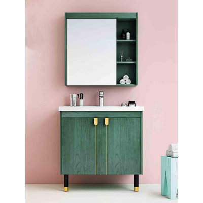 Meuble-lavabo vert de style nordique avec lavabo en céramique intégré pour la salle de bain