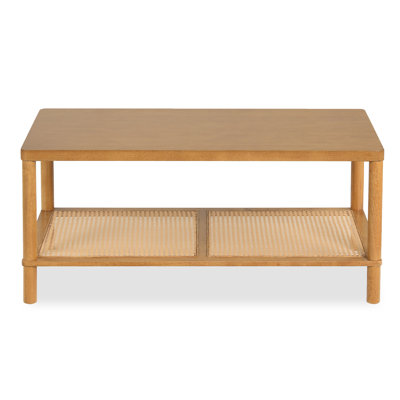 2-Tier Boho Coffee Table for, Rectangular Center Table with Rubber Wood Frame Brown