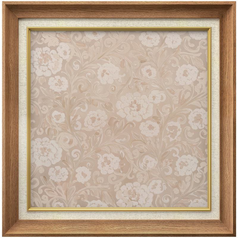 Élégant motif floral damassé beige - impression d'art encadrée sur papier, Cadre naturel de qualité supérieure