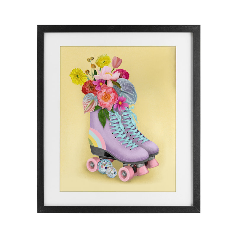 Disco Roller Skate Flowers, reproduction encadrée sous verre, conception de Jilly Jack Designs, Cadre noir minuit