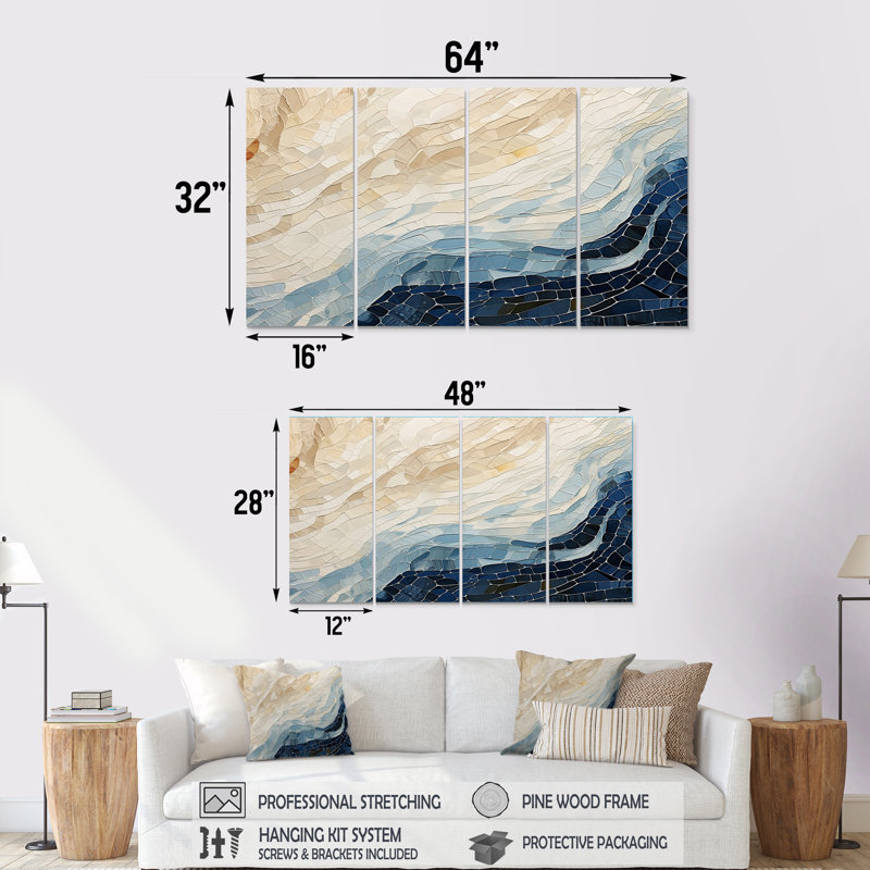 «Abstract Breaking Waves Blue» - Art mural abstrait 4 pièces, H 32 po x l 64 po