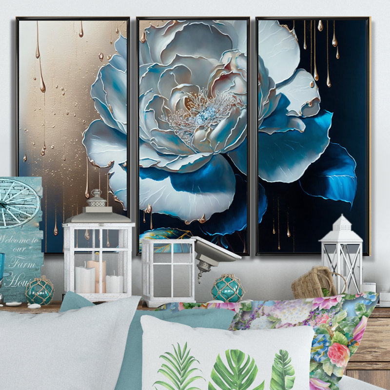 «Vibrant Blue Camellia Flower II», impression sur toile flottante 3 pièces, H 28 po x l 36 po x P 1 po