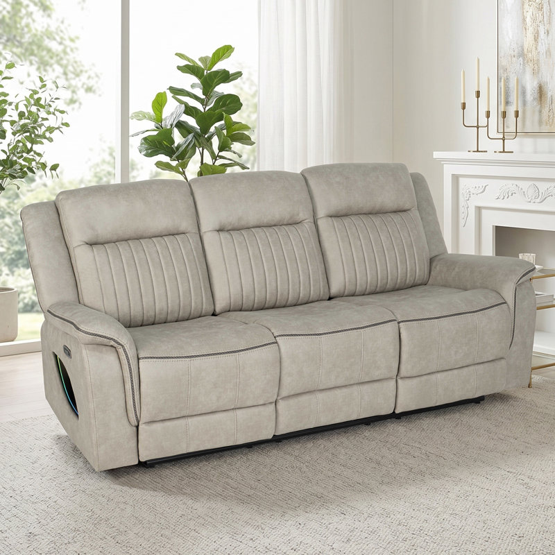 Canapé électrique surdimensionné en microfibre de 86 po de large avec port USB, bande DEL latérale, Brun pâle