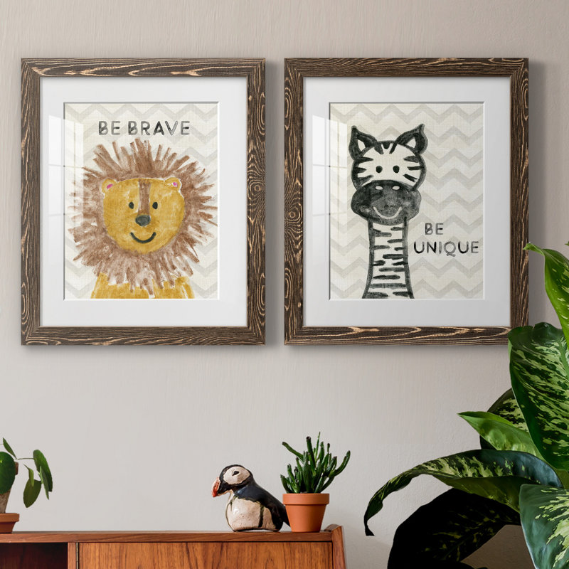 Safari Be Brave - ensemble de 2 reproductions, H 20 po x l 17 po x P 1 po, Papier, cadre noyer, Blanc