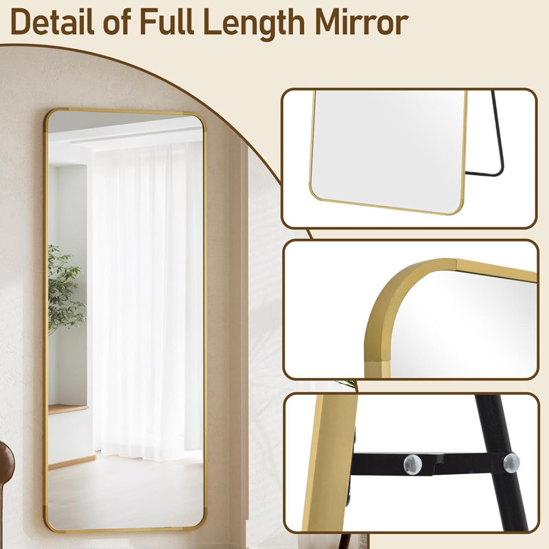 Full Length Mirror With Rounded Corners, Modern Floor Mirror For Bedroom Or Dressing Room, Standing Hanging Or Leaning Design, Lightweight Aluminum Frame, 