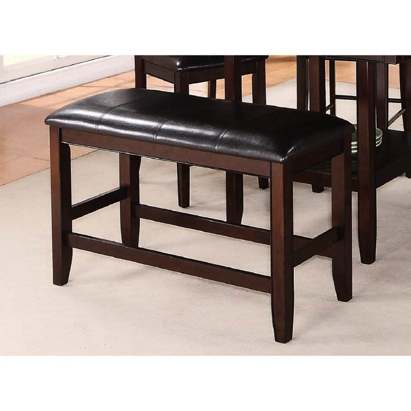 Counter Height Bench With Faux Leather Seat And Footrest In Warm Brown Finish Cushioned Wood Construction