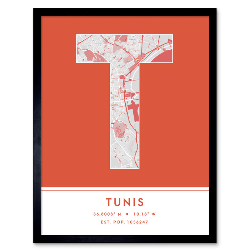 Tunis City Map Tunis Orange by Wee Blue Coo - Single Picture Frame Typography
