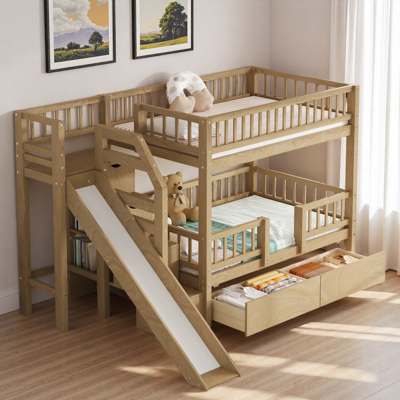 Bunk Bed With Storage Staircase, Slide And 2 Drawers, Walnut