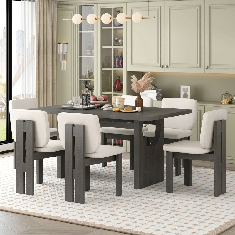 Ensemble de salle à manger 7 pièces 7 pièces, 1 table rectangulaire avec base à tréteaux et 6 chaises rembourrées pour la salle à manger et la cuisine