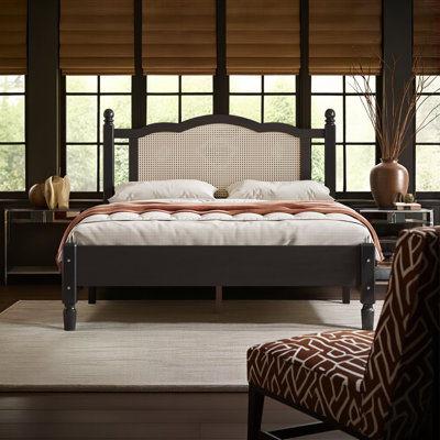 Exquisite Wooden Platform Bed with Natural Rattan Headboard for Dreamy Sleep