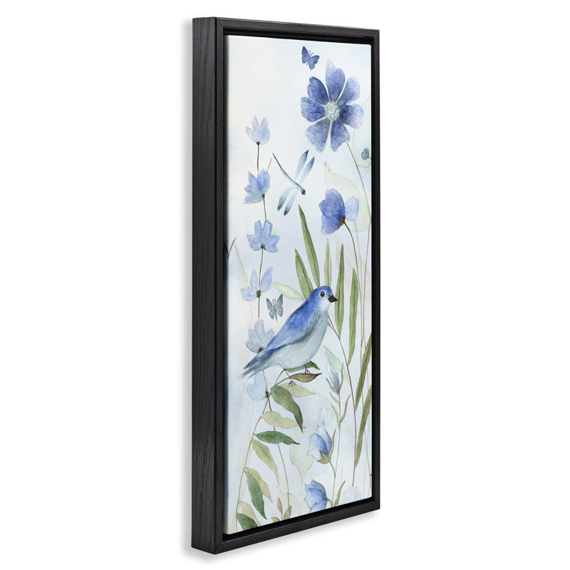 Cadre flottant Cottage Botanicals & Blue Bird, design par Janet Tava, H 25 po x l 11 po, Cadre flottant noir de jais
